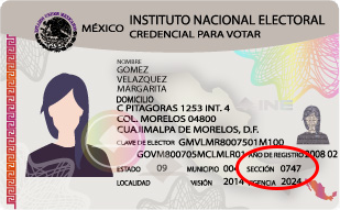 Ejemplo de credencial para votar donde se resalta con un círculo rojo el campo SECCIÓN